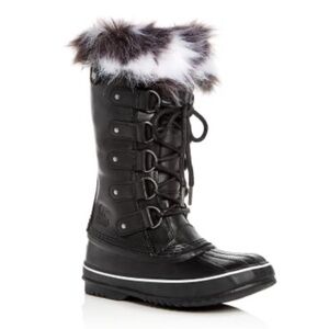 Sorel Joan of Arctic Lux Leather Black and White Fur-Trimmed Winter Boots